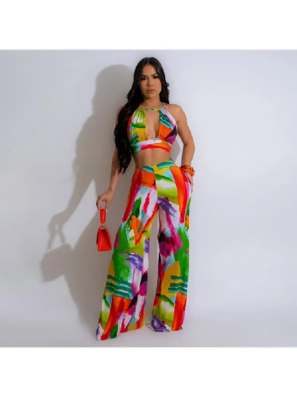 New Arrival Discount Halter Print Backless Wide Leg Jumpsuits