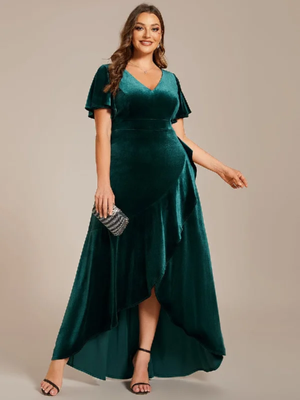 City Fashion Plus Size Lotus Leaf Hem A-Line V-Neck Ruffles Sleeve Velvet Evening Dress