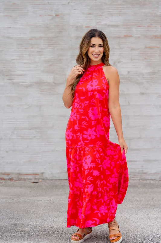 Huge Price Cut Hibiscus Tiered Halter Tank Maxi Dress