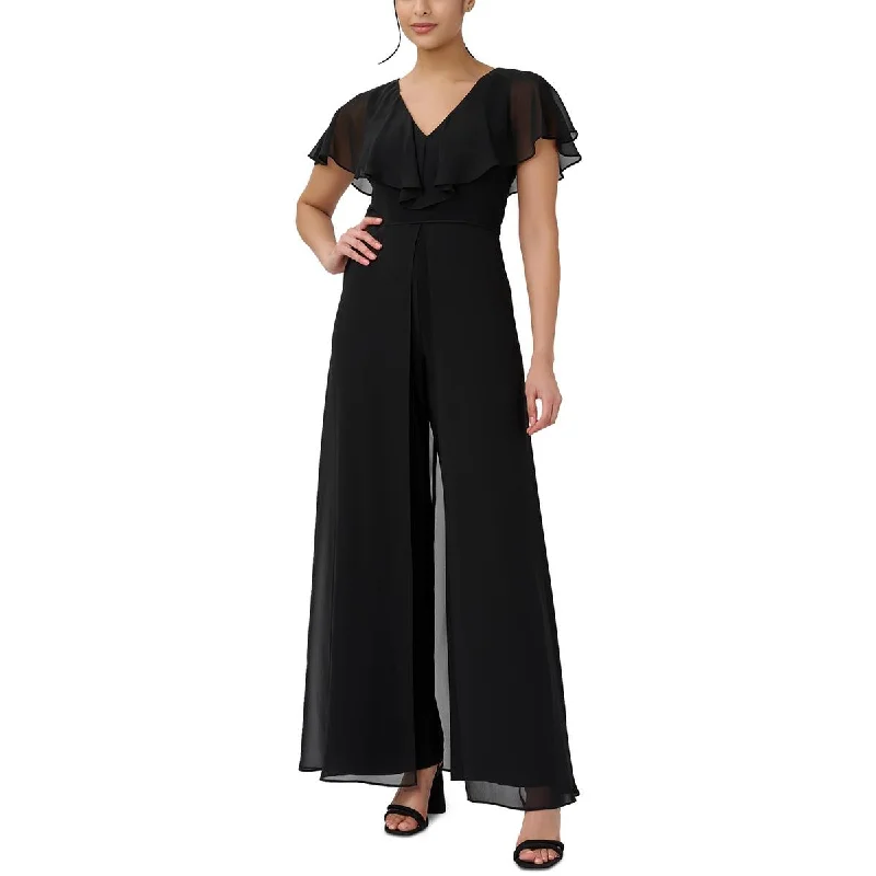 Redefining Women's Style Adrianna Papell Womens Chiffon Ruffle Overlay Jumpsuit