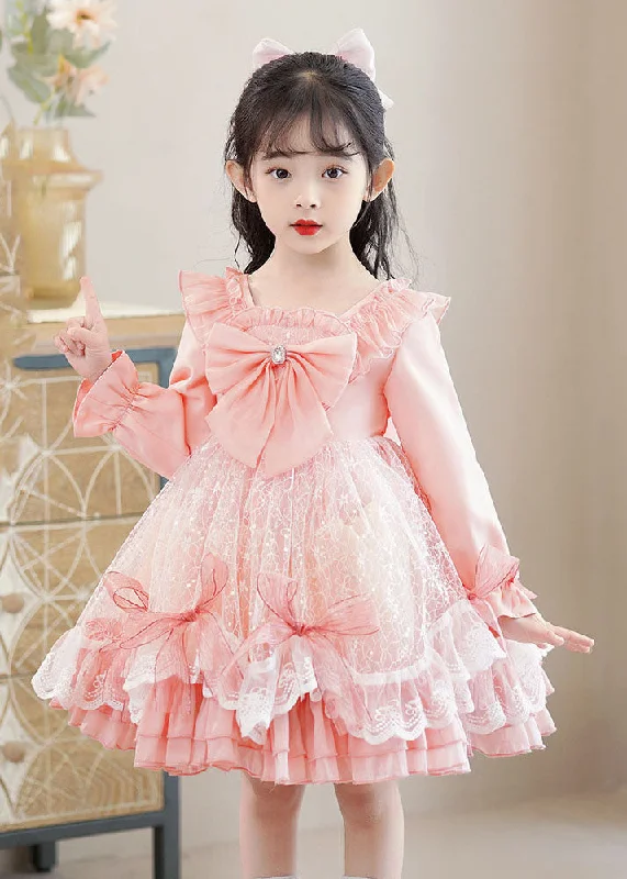 Top Deals Lovely Pink Square Collar Bow Patchwork Tulle Kids Mid Dresses Long Sleeve