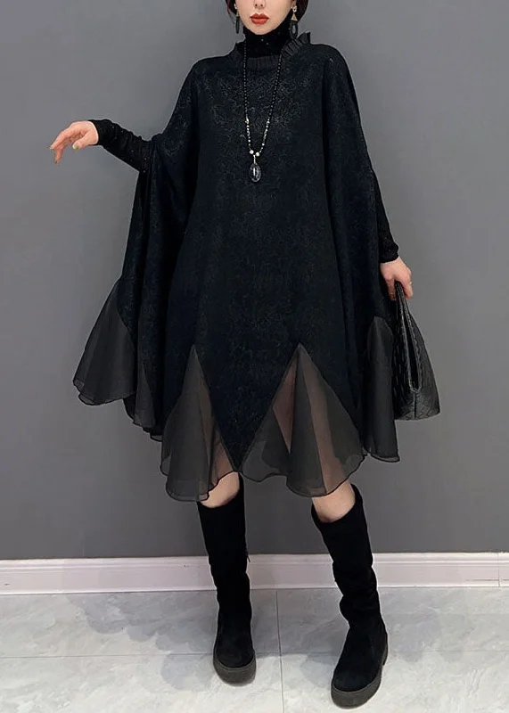 Chic Style, Always In Vogue Plus Size Black Ruffled Patchwork Organza Dress Batwing Sleeve