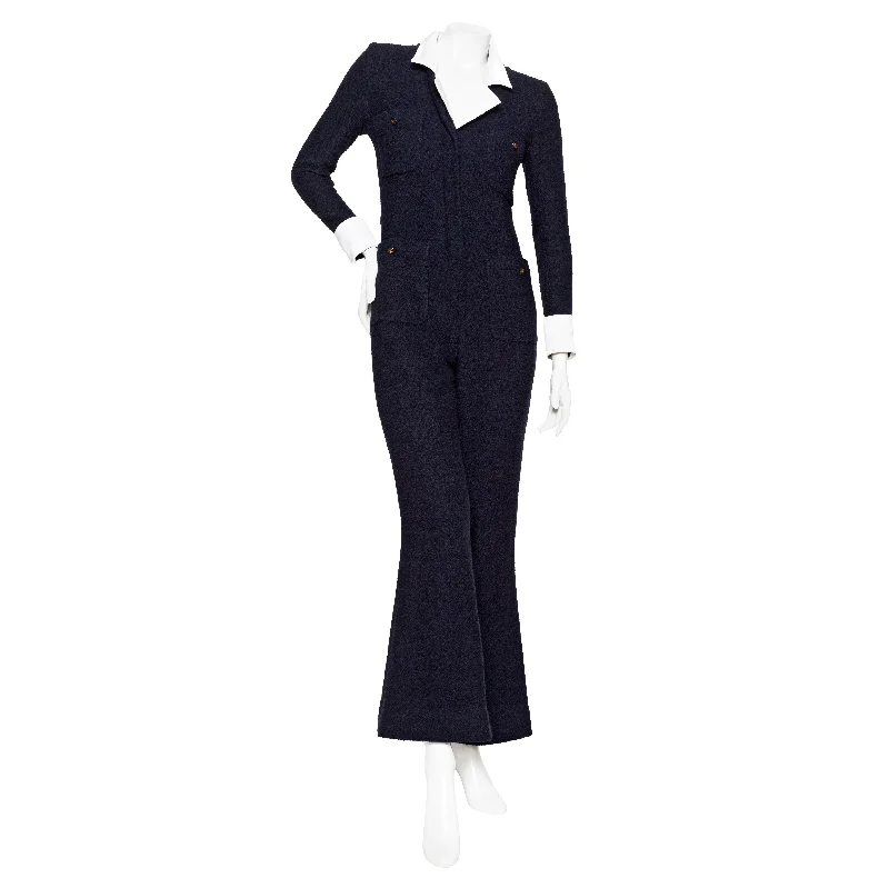 Big Sale Event 1990s Navy Blue Wool and Satin Collared Jumpsuit