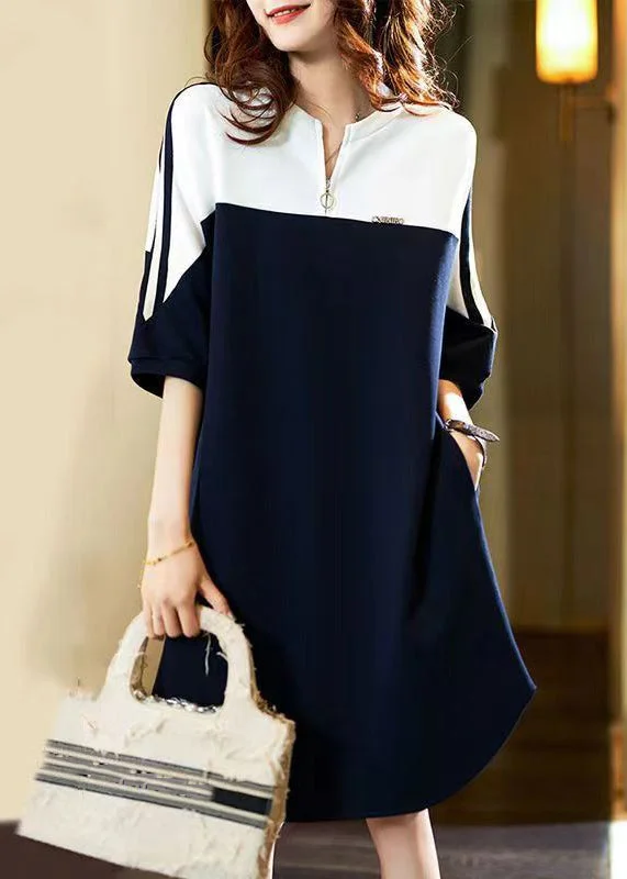 Women's Trendy Outfits New Navy O Neck Pockets Patchwork Cotton Dress Fall