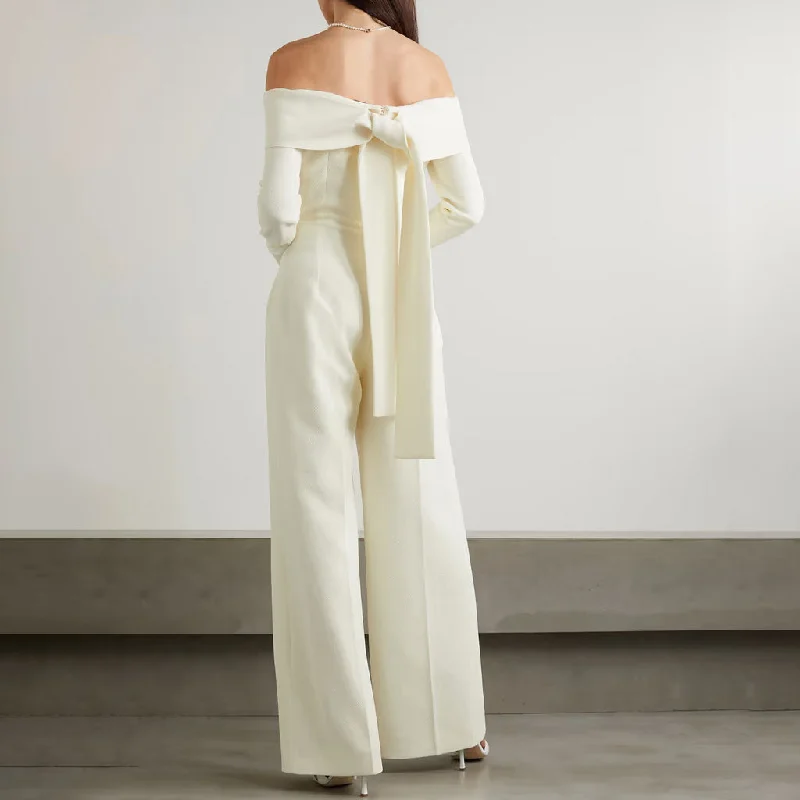 Clothing Brands Elegant Folded Off Shoulder Bow Tie Back Long Sleeve Wide Leg Crepe Jumpsuit