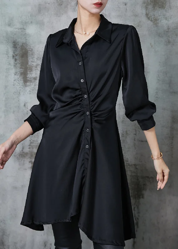 Durable Fashion Picks DIY Black Asymmetrical Wrinkled Chiffon Mid Dress Spring