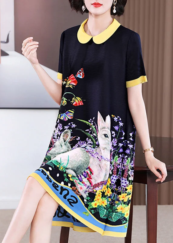 Comfort Meets Fashion Elegant Black O-Neck Print Long a Line Dress Short Sleeve