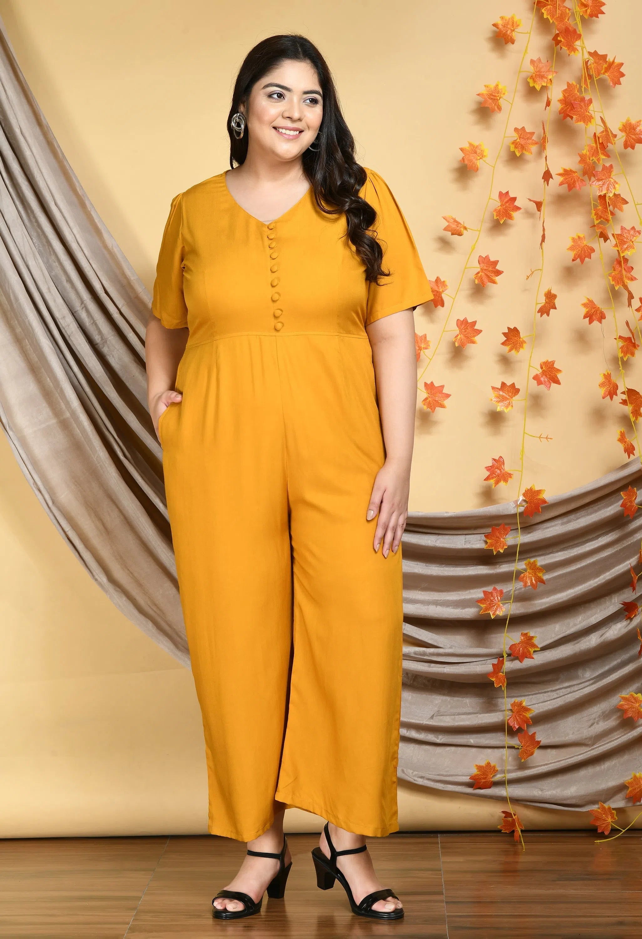 Classic Women's Fashion Women Solid Plus Size Mustard Jumpsuits & Sets