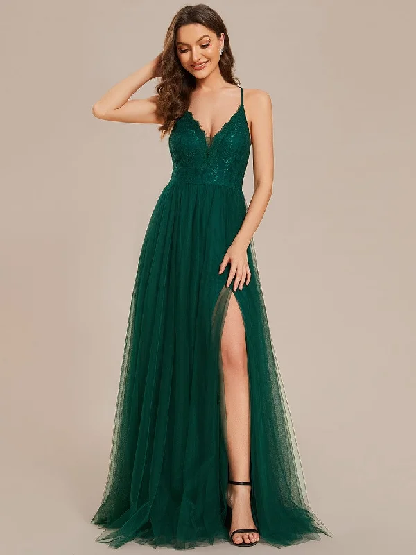 Stylish Women's Apparel Spaghetti Straps Cross-Back Lace Top A-Line High Slit Tulle Bridesmaid Dress