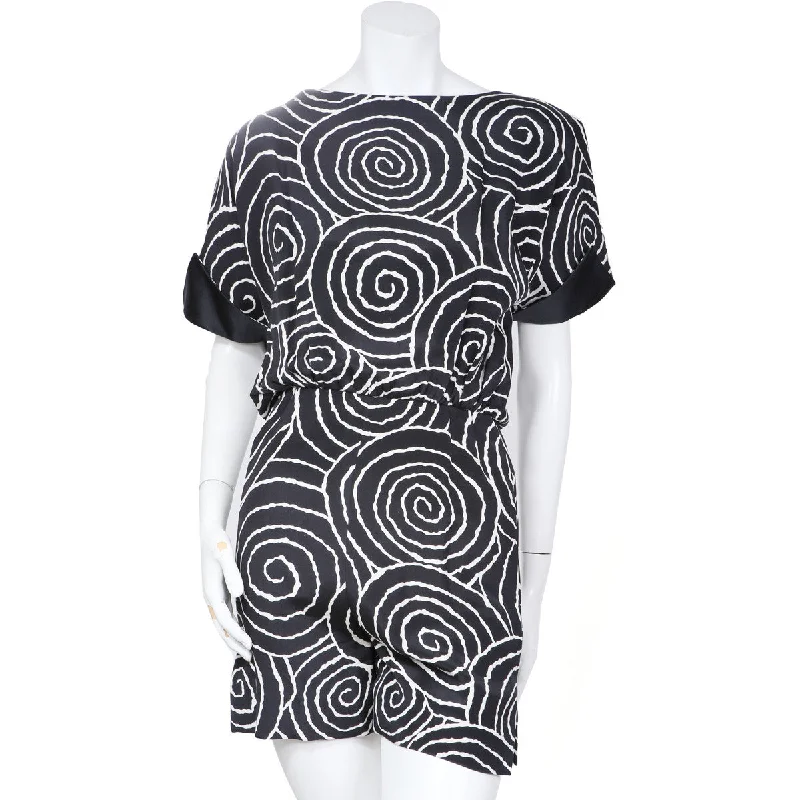 Women's Clothing Stores 1980s Black Crêpe de Chine Spiral Print Romper