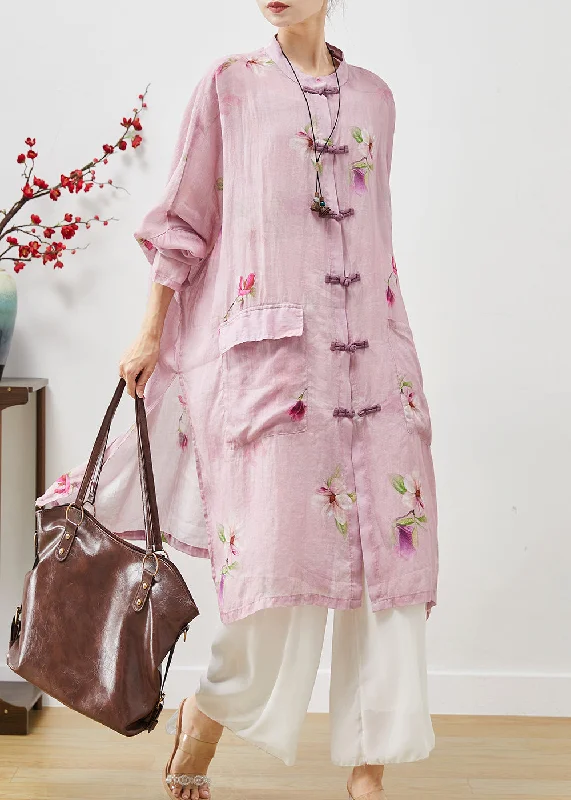 Women's Seasonal Fashion Trends Pink Print Linen Shirt Dress Oversized Chinese Button Summer