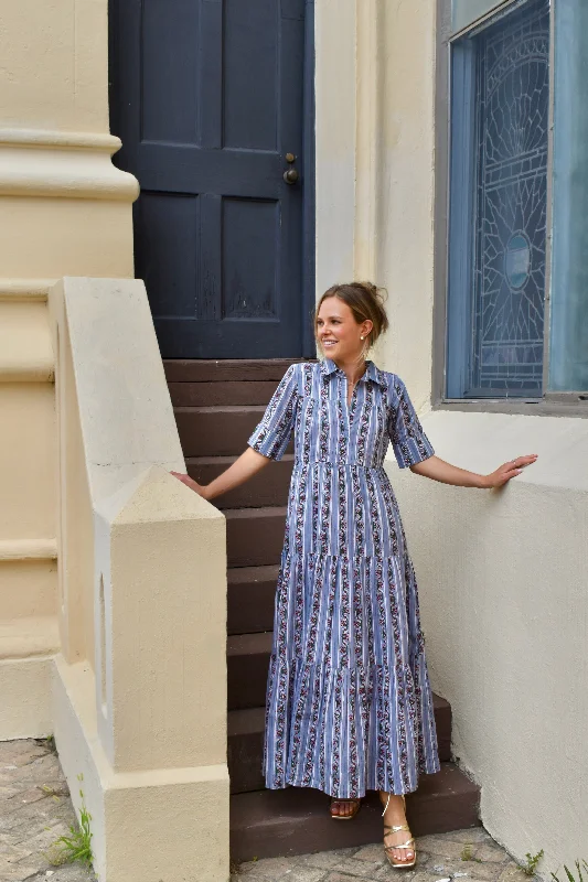 Unique Women's Fashion Pieces Grace Maxi Dress Steel Blue Stripe Final Sale