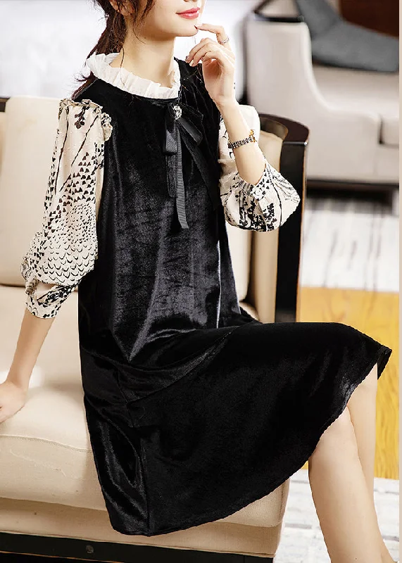 Fashion Forward Femininity Classy Black Ruffled Print Patchwork Silk Velour Mid Dress Fall