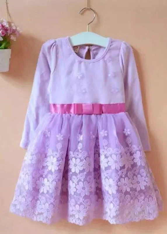 All Season Basics Discount Chic Purple O-Neck Embroideried Floral Patchwork Tie Waist Tulle Kids Mid Dress Long Sleeve