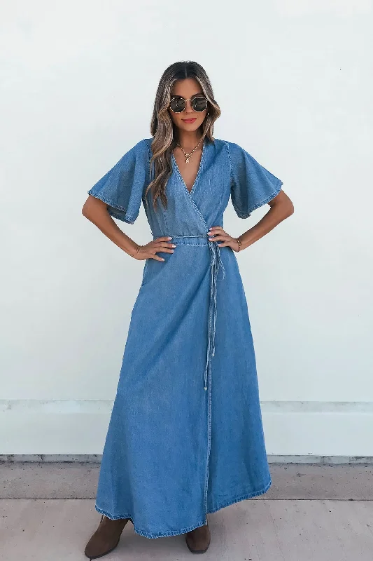 Top Deals Denim Wrapped Front Maxi Dress