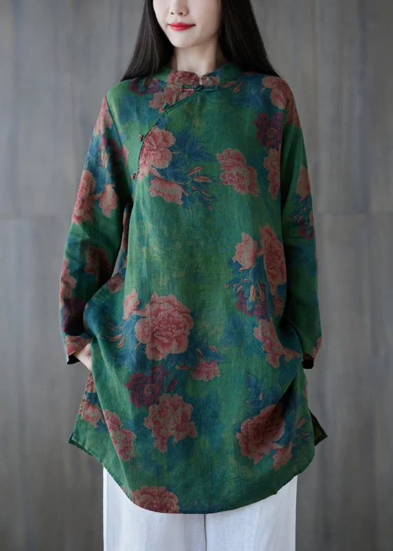 Style Redefined Elegant Green Button Print Linen Mid Dress Long Sleeve