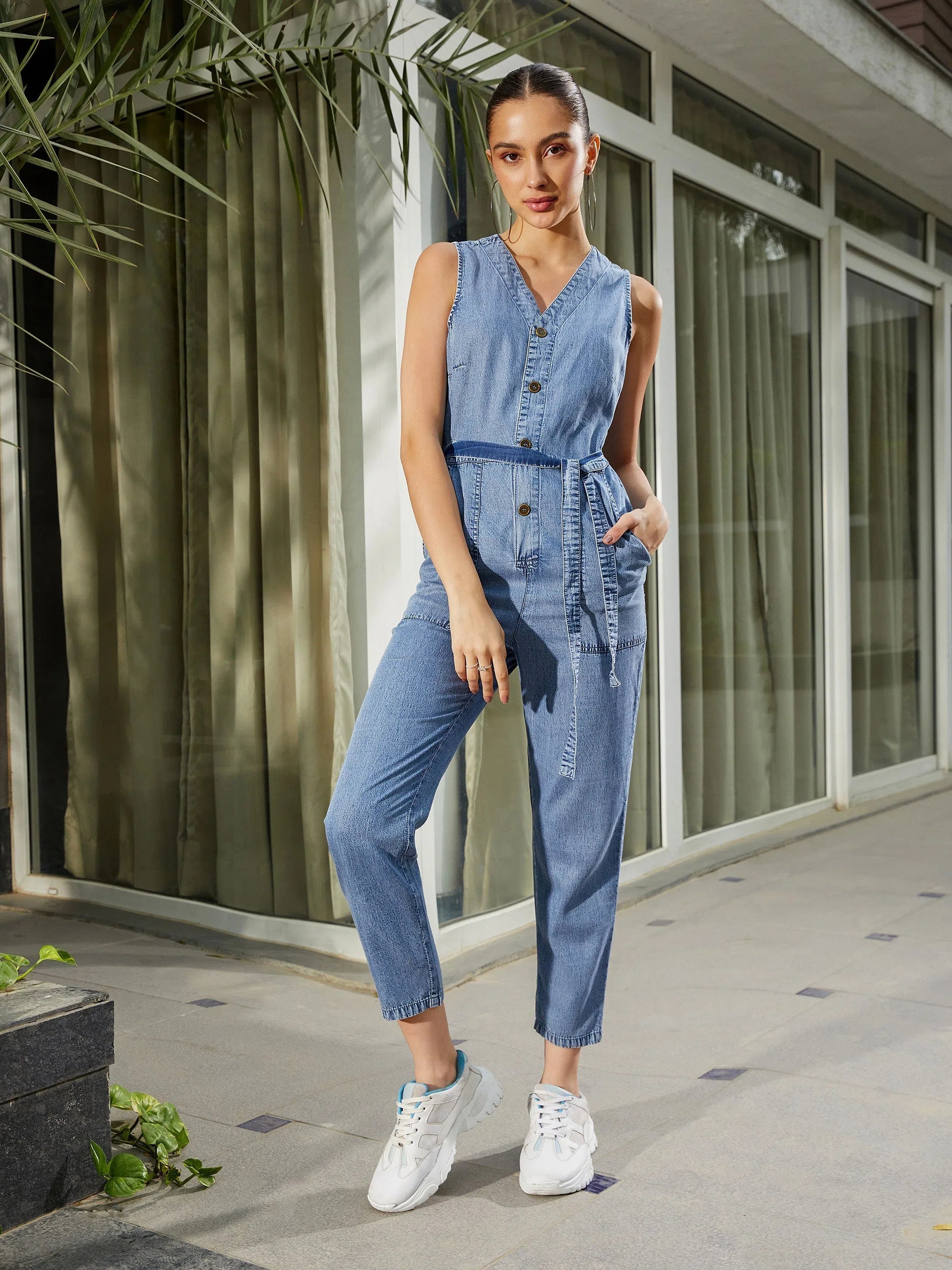 Weekend Sale Women Solid Standard Blue Jumpsuits & Sets