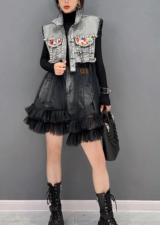 Limited Time Deal Art Black Stand Collar Tulle Patchwork Denim Mid Dress Long Sleeve