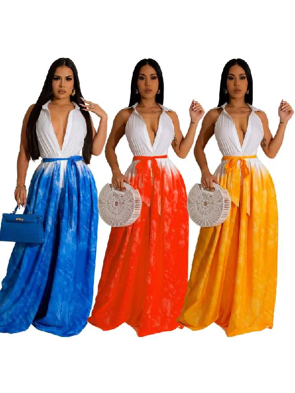 Luxury Fashion Colorblock Bandage Wide Leg Jumpsuits