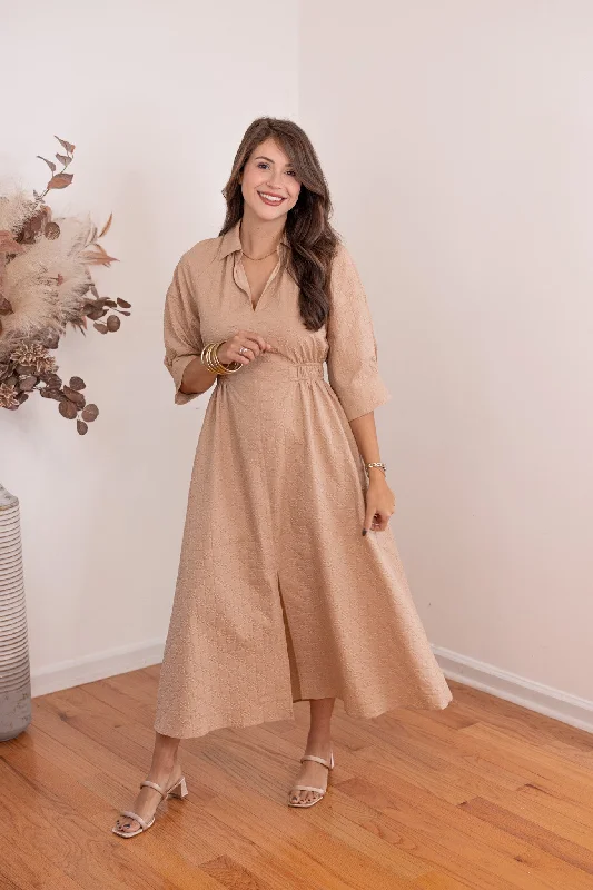 Fashion Forward Textured Florals Tan Midi Dress