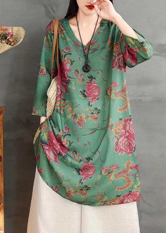 Free Spirited Fashion Plus Size Green V Neck Print Cotton Mid Dress Summer