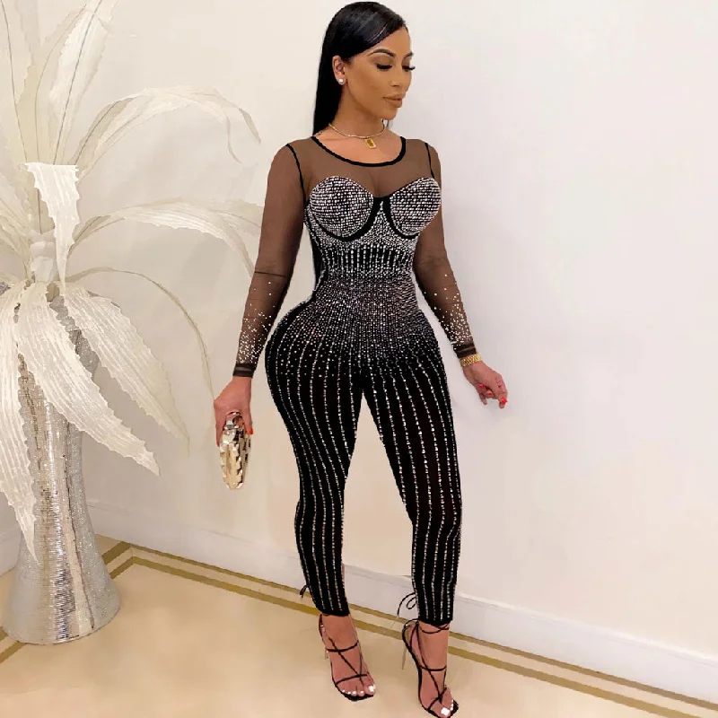 Holiday Discount Sexy Crew Neck Long Sleeve Sheer Mesh Panel Bodycon Glitter Crystal Jumpsuit