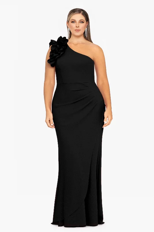 Fashion-forward Women's Wear Plus "Ivy" One Shoulder Ruffle Scuba Crepe Dress