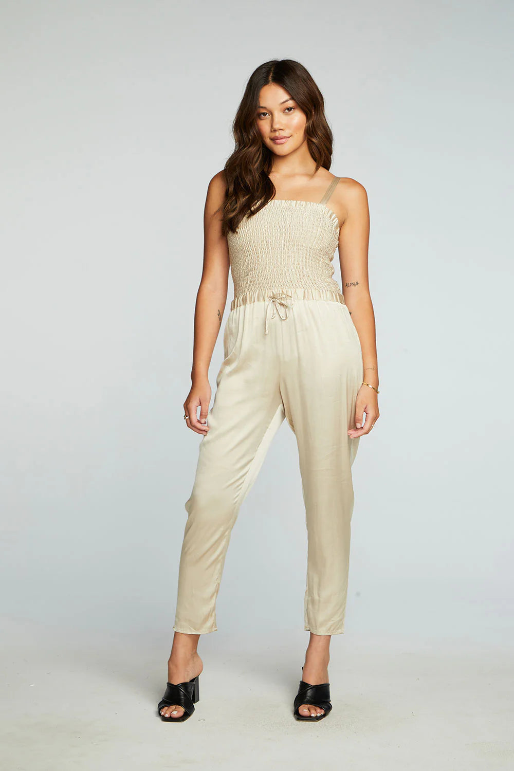 Mega Sale Stretch Silky Smocked Jumpsuit - Bark