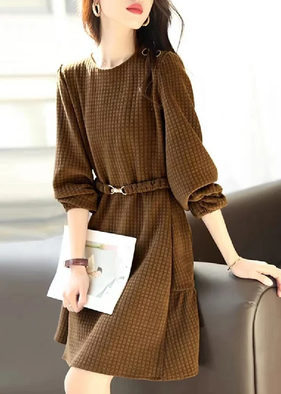 Enjoy Discount Style Coffee Plaid Patchwor Sashes Mid Dress Fall