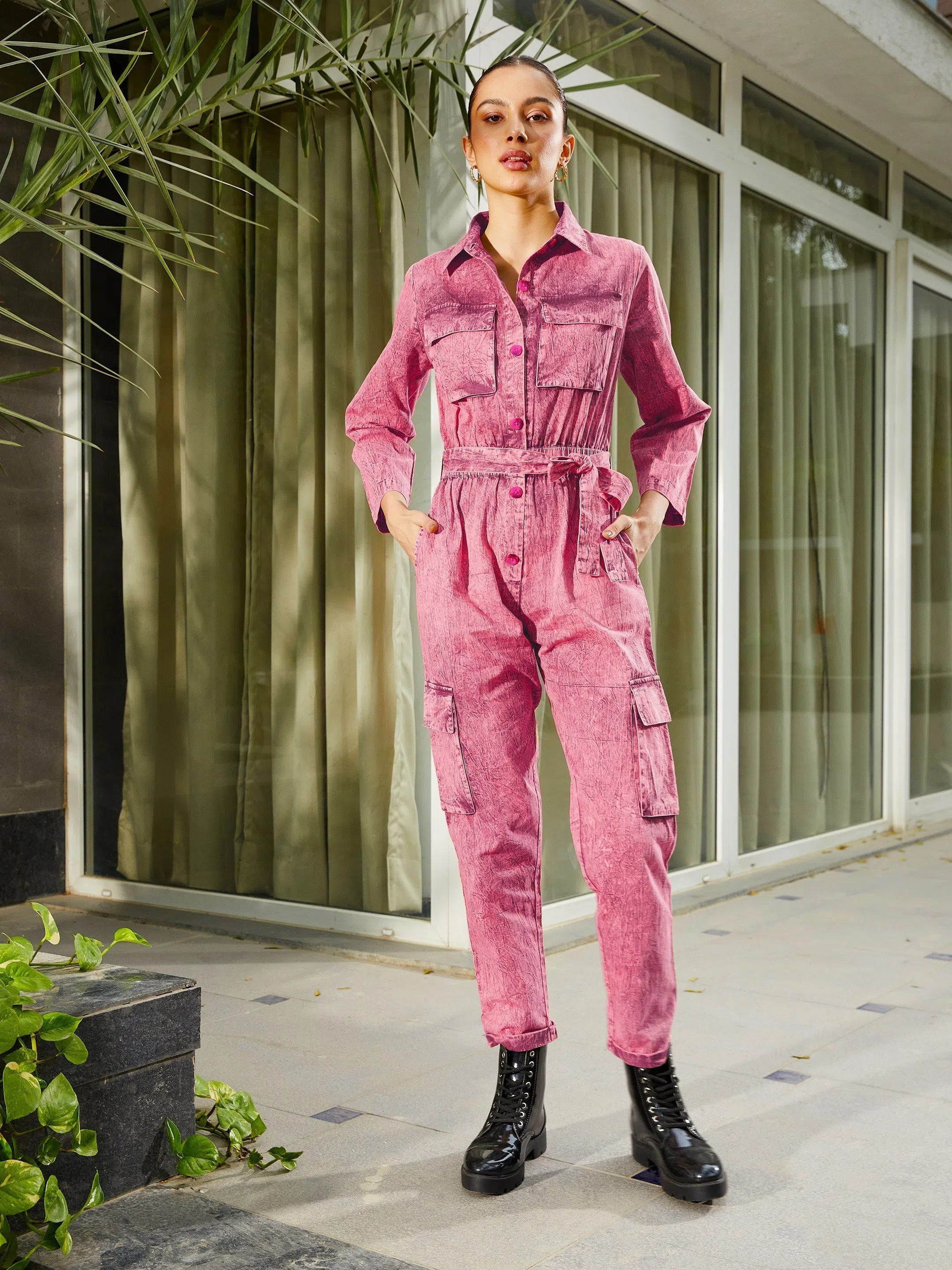 City Fashion Women Solid Standard Pink Jumpsuits & Sets