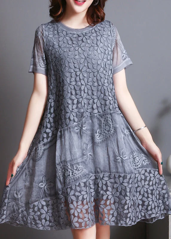 Seasonal Women's Fashion Trends Grey Patchwork Lace Holiday Dress Embroidered Summer