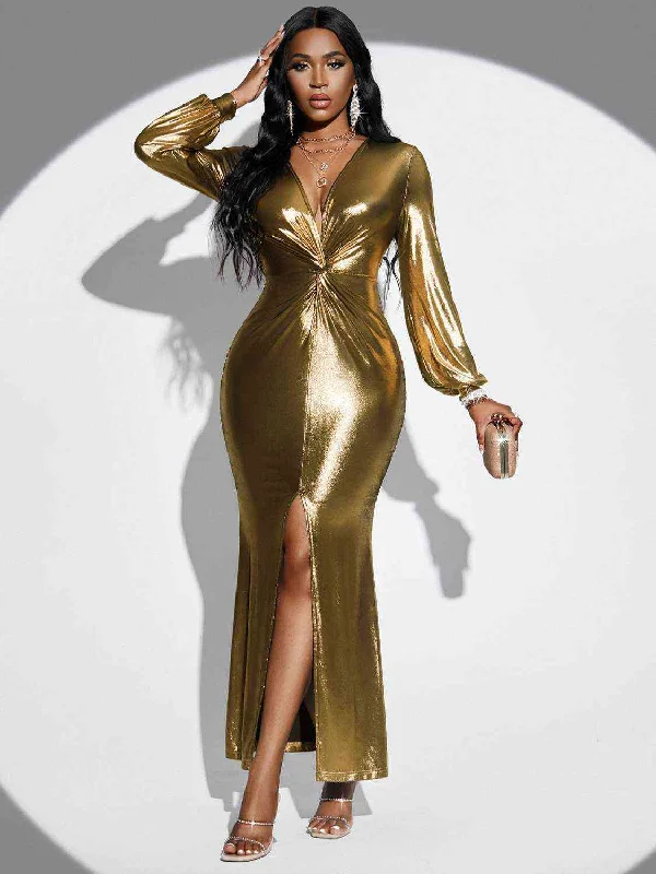 Casual Yet Stylish Separates Plunge Twisted Slit Sexy Gold Long Sleeve Bodycon Midi Gold Dress