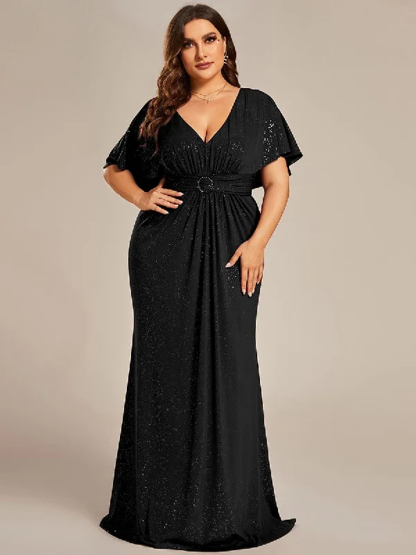 Comfortable Casual Wear Susan | Plus Size Glitter Bat-Wing Sleeve Waist-Cinching Mermaid Evening Dress