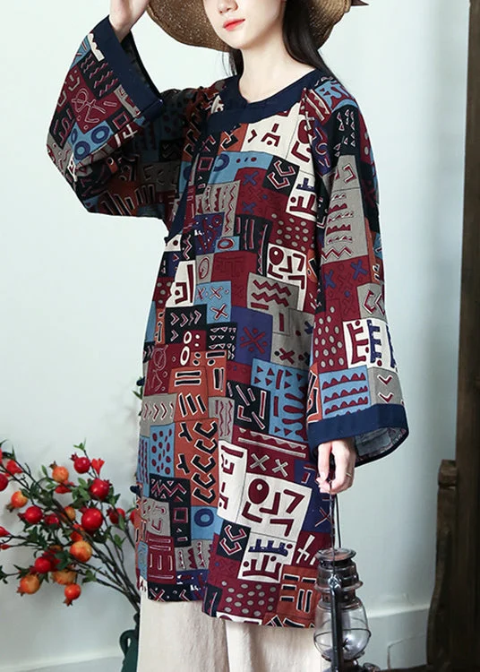 Special Offers, Don't Miss Coffee Side Open Patchwork Cotton Dresses O Neck Long Sleeve