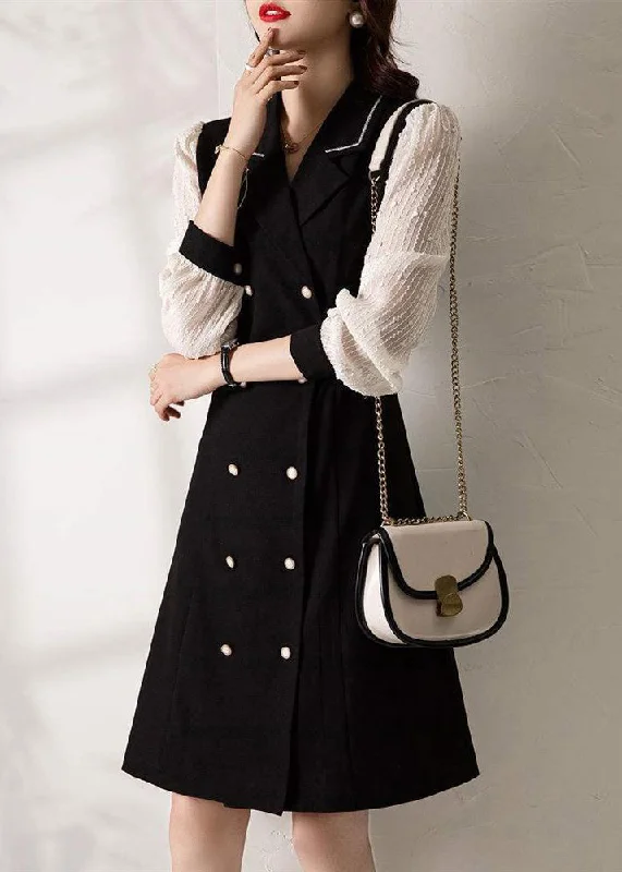 Online Boutiques Clothing Classy Black V Neck Double Breast Patchwork Spandex Dress Fall