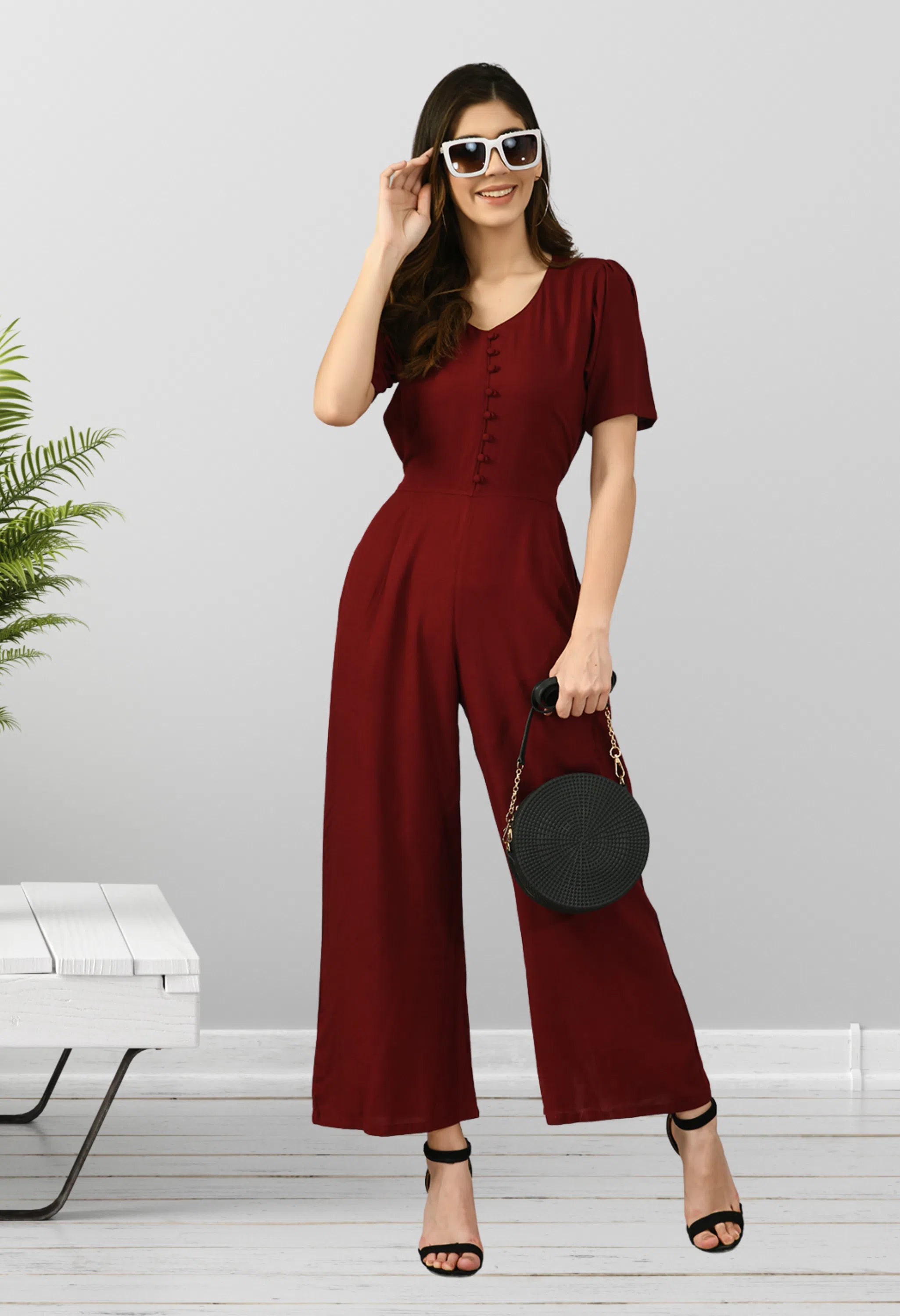 Online Boutiques Clothing Women Solid Standard Maroon Jumpsuits & Sets