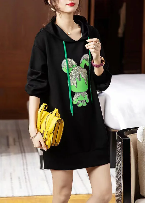 Catch Every Fashion Trend Loose Black Hooded Print Patchwork Cotton Dresses Fall