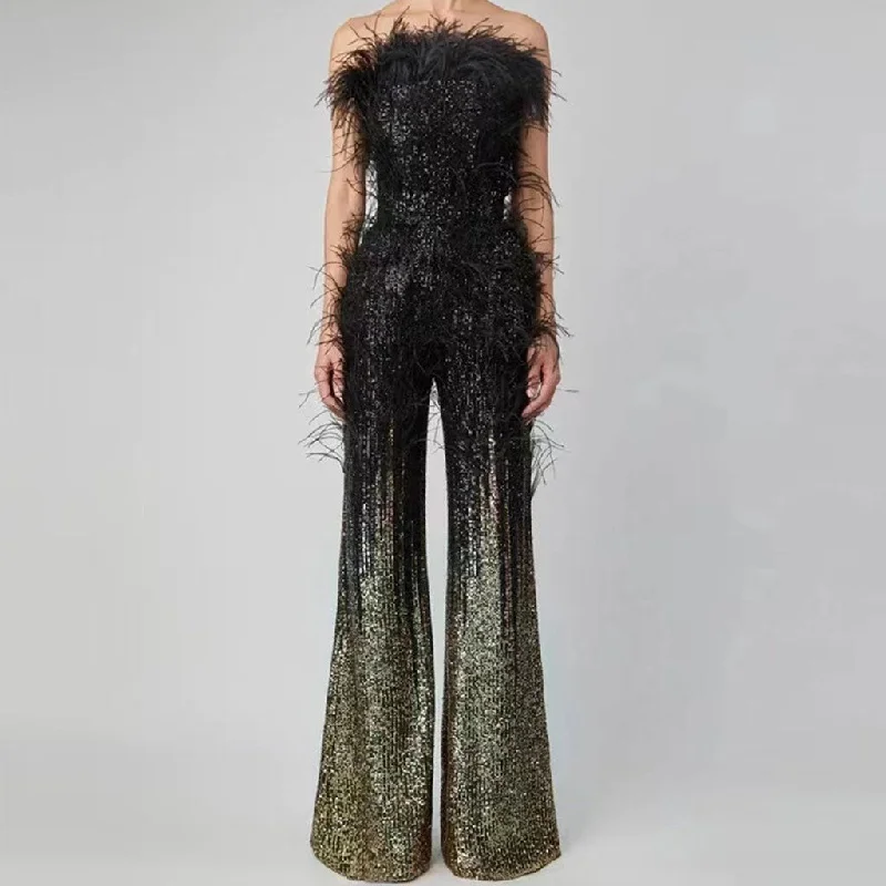 Woman Clothing Opulent Wispy Feather Trim Strapless High Waist Wide Leg Ombre Sequin Jumpsuit