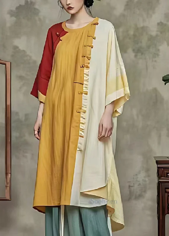 Online Shopping Boutiques Chic Yellow Oversized Patchwork Linen Shirt Dress Summer