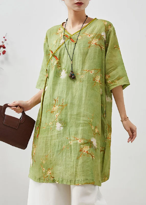 Season Offer Vintage Green Tasseled Print Linen Oriental Dress Summer