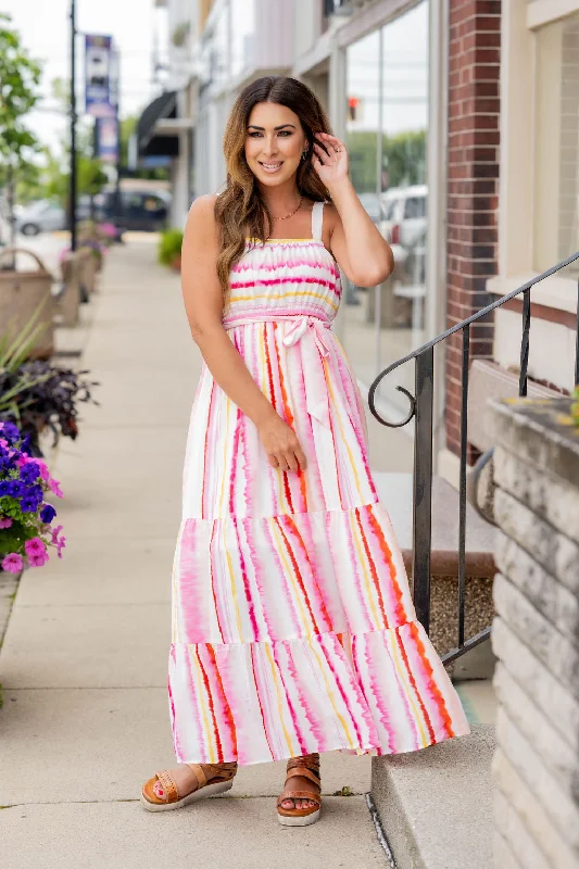 Massive Savings Watercolor Stripes Tiered Maxi Dress