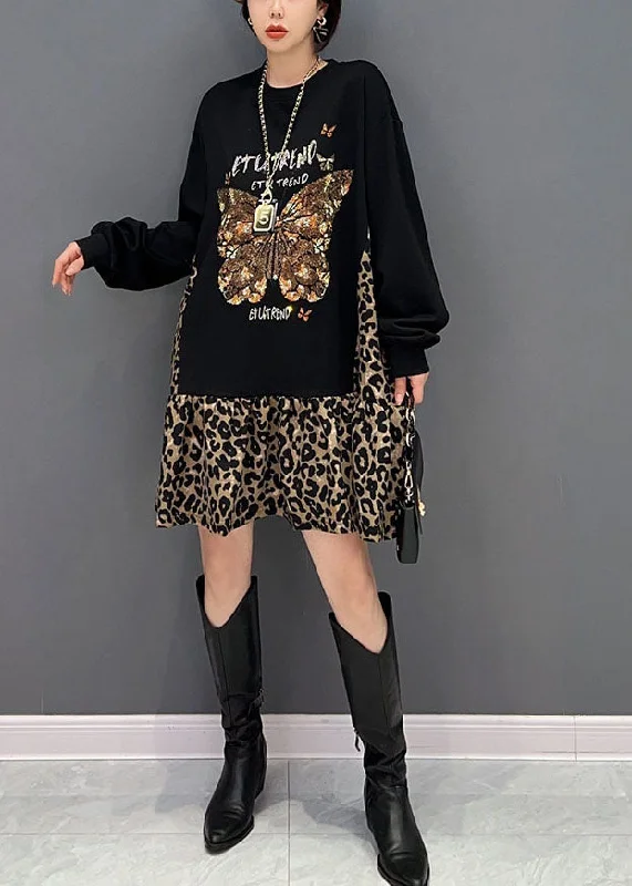 End Of Season Clearance Style Black Oversized Patchwork Leopard Cotton Sweatshirt Dress Spring