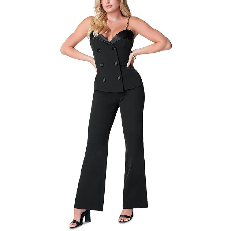 Trend Setting Threads Bebe Womens Satin Trim Double-Breasted Jumpsuit