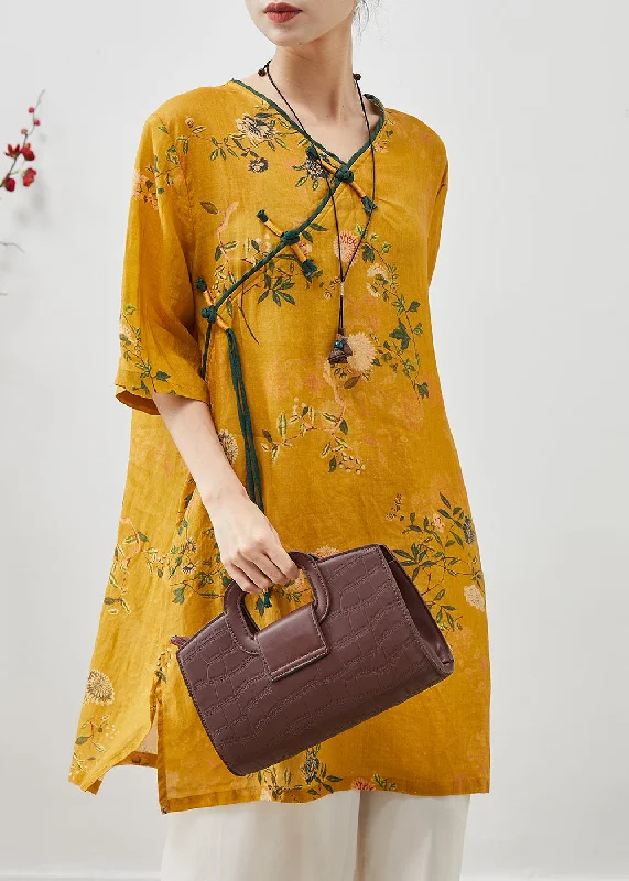 High-Quality Women's Fashion Dresses Chinese Style Yellow Tasseled Print Linen Dress Summer