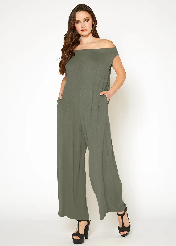 Premium Style Women's Off Shoulder Wide Leg Jumpsuit With Pockets