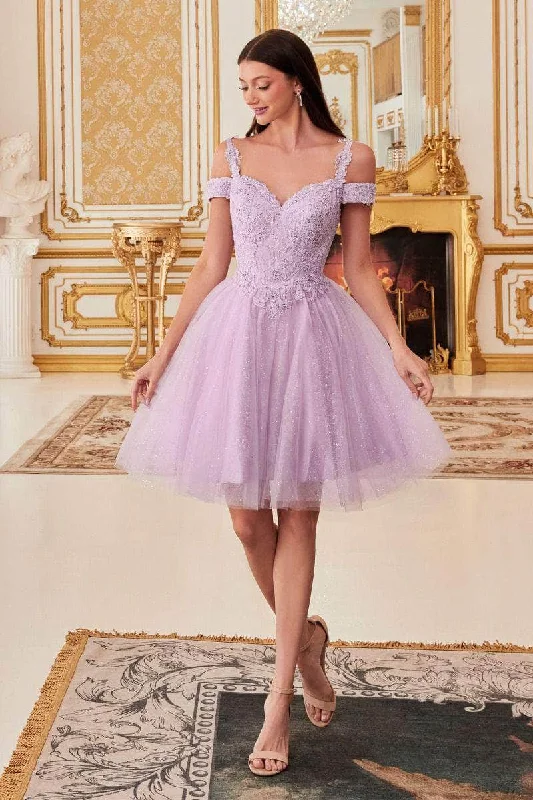 Elegant Styles Ladivine CD0132 - Cold Shoulder Glitter Tulle Short Dress