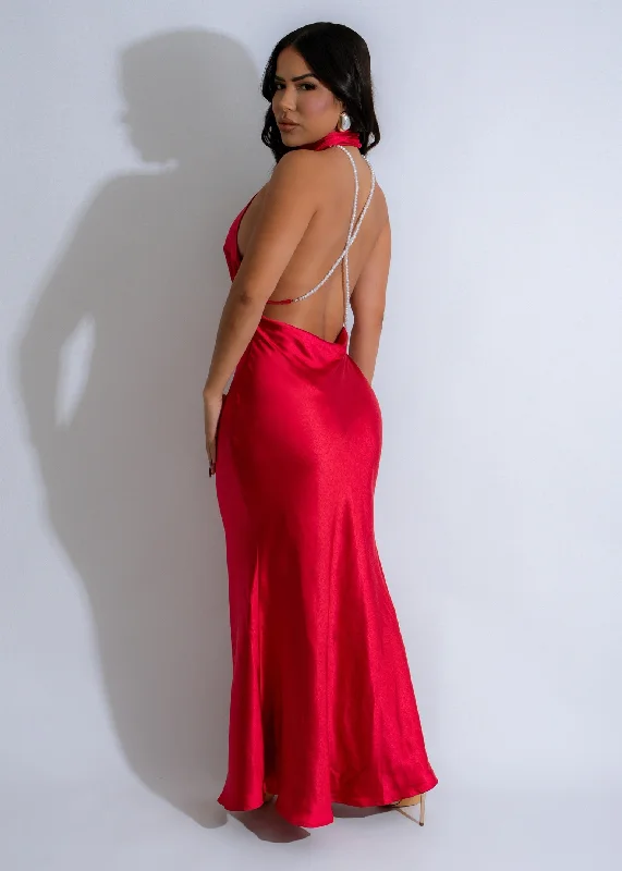 Graceful Fashion Luminous Drift Pearl Satin Maxi Dress Red