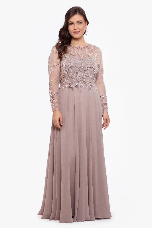 Luxury Fashion Plus "Mason" Long Sleeve Beaded Chiffon Gown