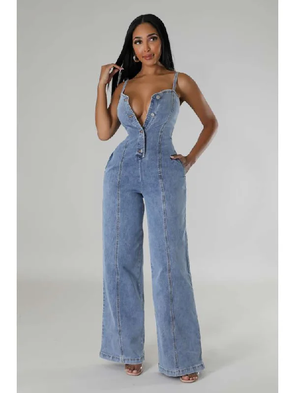 Women Online Clothing Boutiques Sleeveless Denim Buckle Wide Leg Jumpsuits