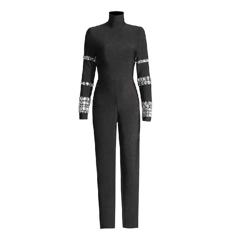 Clothing Sales Luxury Rhinestone High Neck Long Sleeve Bodycon Bandage Jumpsuit